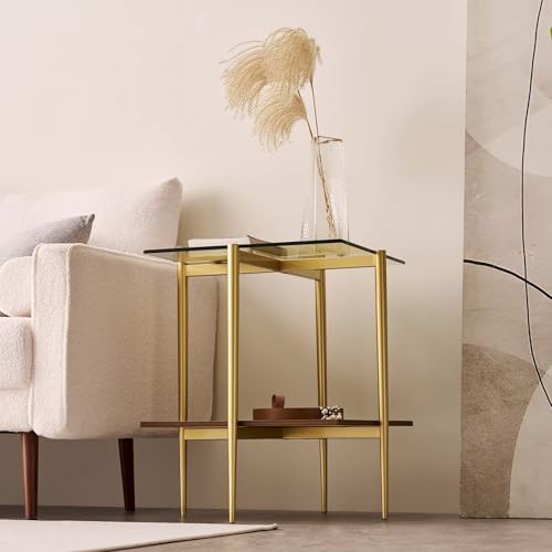 LumFurn Square Glass End Table, Mid-Century Modern Side Table for Living Room, L18xW18xH23inch, Clear Glass and Walnut MDF Wood, Gold Finish Frame - color: L18" Clear & Walnut