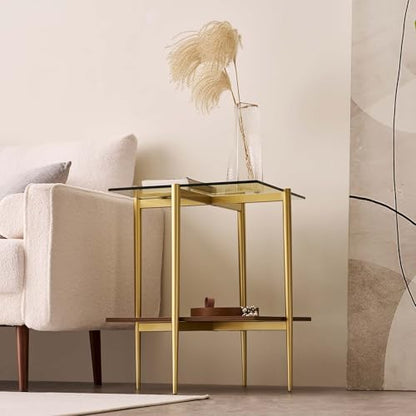 LumFurn Square Glass End Table, Mid-Century Modern Side Table for Living Room, L18xW18xH23inch, Clear Glass and Walnut MDF Wood, Gold Finish Frame - color: L18" Clear & Walnut