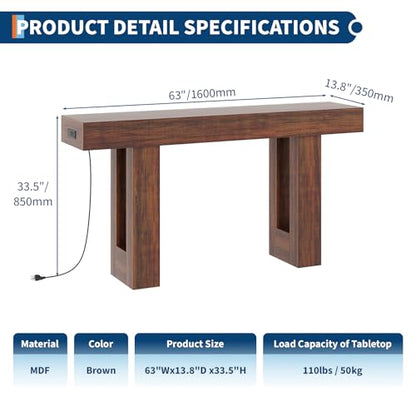 IDEALHOUSE 63" Entryway Table with Power Outlet, Console Table for Entryway | Brown, Wooden Sofa Table, Narrow Hallway Foyer Table for Entryway, Hallway, Living Room - color: Rustic Brown