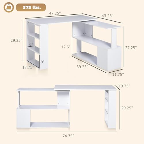 Writing Table Workstation L-Shaped Corner Desk, White | Particle board, laminated surface, 360° rotating design, large desk, 2-tier shelf