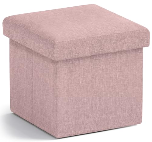 Ornavo Home Small Square Storage Ottoman, Foldable Linen, 12x12x12, Pink | Collapsible Cube Design; Foot Rest Stool Seat; Ideal for Living Room, Bedroom, Home Office or Dorm - color: Pink