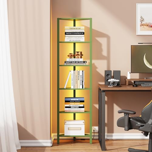 TUTOTAK Corner Shelf with LED Light, 6-Tier Corner Bookshelf | for Small Space, Narrow Display Corner Shelf Stand with Storage Rack, for Living Room, Bedroom, Olive Green BS05BOG006L - color: Green, size: 6-tier With Led