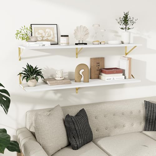 Dreamland Wall Mounted Floating Shelves Set of 2, 55x12, White&Gold | Engineered Wood, Visible Bracket, Large Storage, Hold Up to 80lbs, Living Room, Bathroom, Bedroom, Kitchen - color: White&gold, size: 55"W x 12"D