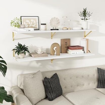 Dreamland Wall Mounted Floating Shelves Set of 2, 55x12, White&Gold | Engineered Wood, Visible Bracket, Large Storage, Hold Up to 80lbs, Living Room, Bathroom, Bedroom, Kitchen - color: White&gold, size: 55"W x 12"D