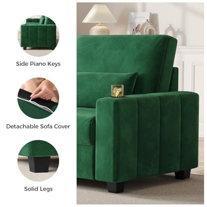 COPIAE Loveseat Sofa, Larger Couch Velvet Fabric with Storage, Charging Ports, Heightened Backrests, Removable Cover Modern Comfy Couches Easy Assembly for Living Room, 88 Inch Green - color: Green