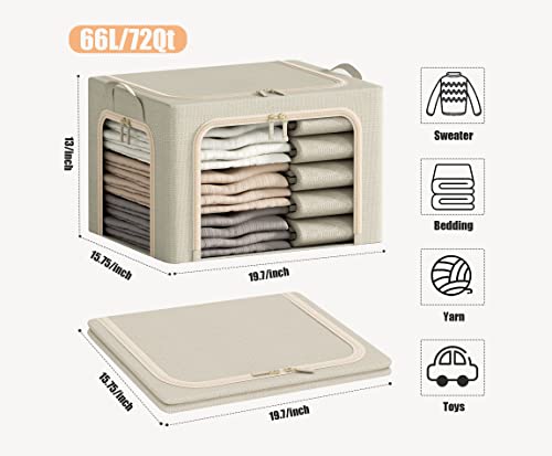 3 Openings Large Clothes Storage Bins with Metal Frame, Foldable Storage Bin for Clothes,Clothing Storage Bins with Lid, Linen Storage Box With Clear Window＆ Zippers＆ Durable Handles.(3 Pcs,Beige,66L) - color: Beige, size: Large-(19.7 x 15.7 x 13)inches