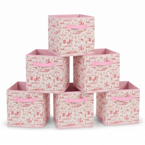 6 Pcs Pink Western Cube Storage Bins 12.5 Inch Cowgirl Storage Basket with Handle, Preppy Girls Organizer Basket, Collapsible Fabric Box for Classroom Bedrooms Office Home Decoration (Pink western) - color: Pink western