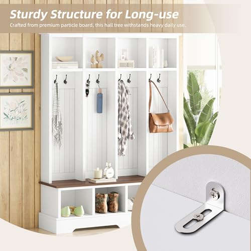 Merax Farmhouse Hall Tree with Bench and Shoe Storage, 59" Entryway Bench with Coat Rack, 8 Hooks and Top Compartments, 3-in-1 Entryway Hall Tree for Hallway, Living Room, White - color: White