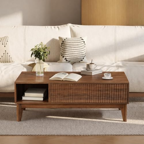 Fluted Coffee Table with Storage, Oval Lift Top Modern Rectangle Table for Living Room