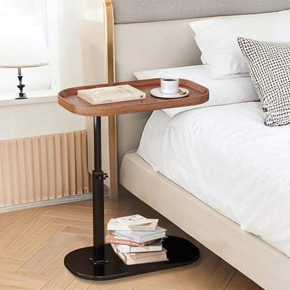 Adjustable Height C Shaped Side Table, Couch Tables That Slide Under, C Side Table Raised Edge, 360°Swivel C Shaped End Table, Small Coffee C Table, End Table for Sofa/Bed/Bathtub - color: Walnut