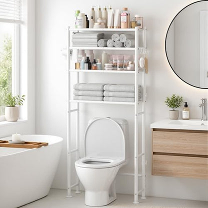GloTika 4-Tier Over The Toilet Storage Shelves, White | 200lb Total Capacity, Metal Bathroom Organizer with 36" Clearance, Includes Paper Holder & 4 Hooks, Suit for Small Space - color: A-white