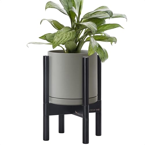D'vine Dev Ceramic Pot with Ebony Wood Stand, Grey, 8 in, 55-B-M-3 | Mid-Century Modern Design, Raised Plant Display, Solid Beech Wood Stand, Premium Craftsmanship, Sophisticated Home Decor - color: Grey Pot + Ebony Stand, size: 8 Inch