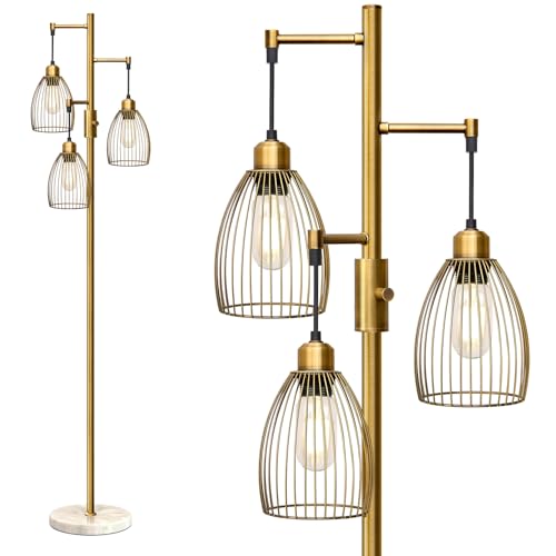 Torondo Dimmable Floor Lamps for Living Room, Industrial Standing Lamp with Marble Base, Antique Brass Tree Tall Pole Light with 3 Elegant Teardrop Cage Head & 800 Lumens LED Bulbs for Bedroom Office - color: Antique Brass-Marble Base-70 inches