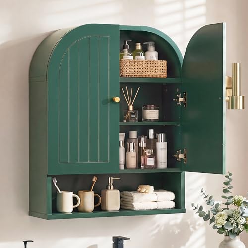 Arched Wall Mounted Medicine Cabinet, 23.5" Bathroom Cabinet with Double Doors, Fluted Grooved Design & Soft-Close Hinges, Over the Toilet Storage with Adjustable Shelf for Small Spaces (Green)