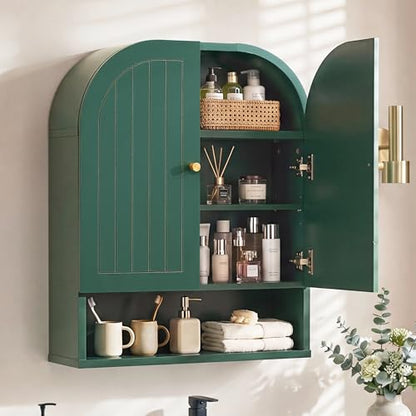 Arched Wall Mounted Medicine Cabinet, 23.5" Bathroom Cabinet with Double Doors, Fluted Grooved Design & Soft-Close Hinges, Over the Toilet Storage with Adjustable Shelf for Small Spaces (Green)