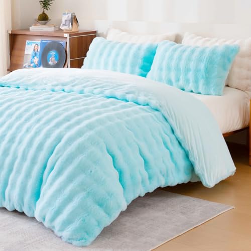 Fluffy Blue Duvet Cover Full Set, Soft Shaggy Plush Rabbit Bedding Set 3 Pieces (1 Fuzzy Comforter Cover + 2 Faux Fur Pillow Cases) Zipper Closure（Blue, Full） - color: Blue, size: Full