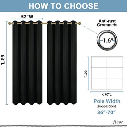 Diraysid Black Grommet Blackout Curtains for Bedroom Thermal Insulated Room Darkening Curtains Drapes, 52 x 63, 2 Panels - color: Black, size: 52"W x 63"L (Pack of 2)