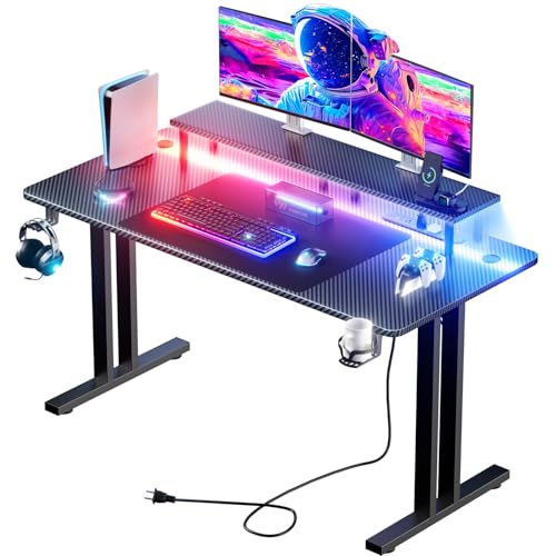 HLDIRECT 47 Inch Gaming Desk with LED Lights & Cable Management, Black | Ergonomic carbon fiber gaming computer desk with 5 sockets, monitor stand, cup holder, headphone hook & mouse pad for gamers - size: 47INCH