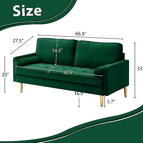 67" Modern Velvet Loveseat Sofa Couch, Mid-Century Tufted Upholstered Small Love Seat Couch with 2 Pillows & 4 Golden Legs, 2-Seats Couches for Compact Space, Living Room, Apartment (Emerald) - color: Emerald