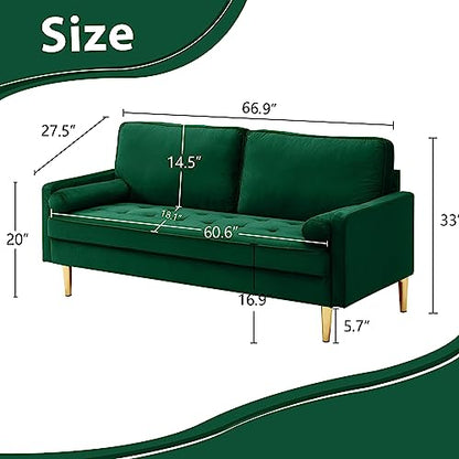 67" Modern Velvet Loveseat Sofa Couch, Mid-Century Tufted Upholstered Small Love Seat Couch with 2 Pillows & 4 Golden Legs, 2-Seats Couches for Compact Space, Living Room, Apartment (Emerald) - color: Emerald