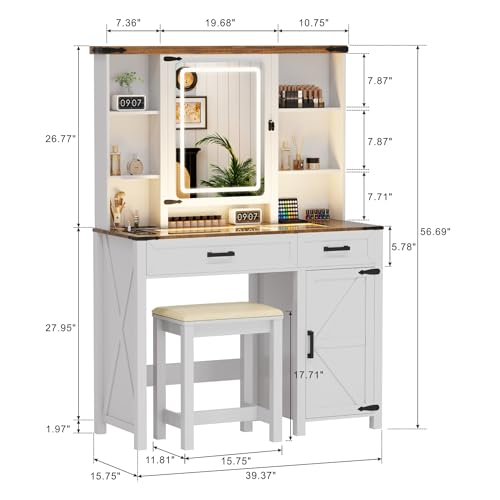 TAGELIER Farmhouse Vanity Desk Mirror with Lights with Charging Station | Glass Top 3 in 1 Vanity Table with Drawers & Shelves, Rustic Big Makeup Desk for Bedroom/Cloakroom, Stool Included - style: White