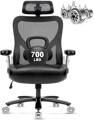 Super Big and Tall Office Chair 700lbs- Heavy Duty Executive Computer Chair with Rubber Wheels 3D Flip Arms, Ergonomic Mesh High Back Desk Chair, Extra Wide Seat Adjustable Lumbar Support & Headrest - size: 700LBS