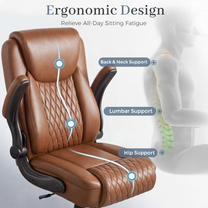 GTPOFFICE Executive Office Chair with Comfortable Lumbar Support, Ergonomic Gaming Chair with Flip-up Armrests & Zoned Pressure-Relief Cushion, Comfy PU Leather Desk Chair, Brown - color: Brown