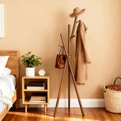 VICITON Wooden Coat Rack, Tripod Coat Tree Freestanding with 3 Hooks for Clothes, Hats and Handbags, Coat Hanger Stand for Bedroom, Living Room, Entryway (Dark) - color: Dark