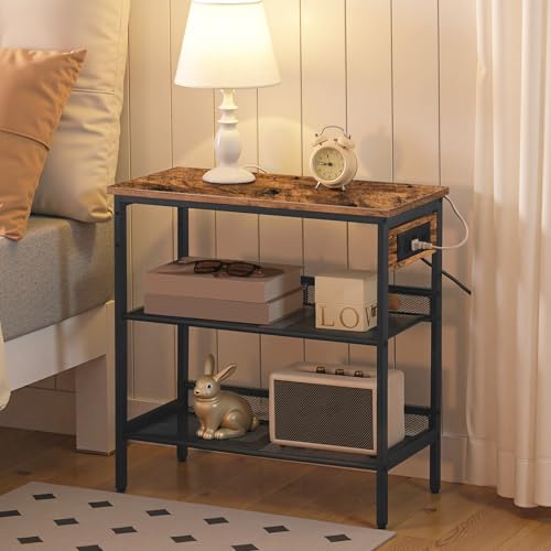 HOOBRO End Table, 3-Tier Narrow Side Table with Charging Station, Nightstand with 2 Flat or Slant Adjustable Shelves for Small Spaces, Living Room, Bedroom, Rustic Brown and Black BF23UBZ01G1 - color: Rustic Brown + Black