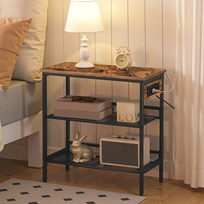 HOOBRO End Table, 3-Tier Narrow Side Table with Charging Station, Nightstand with 2 Flat or Slant Adjustable Shelves for Small Spaces, Living Room, Bedroom, Rustic Brown and Black BF23UBZ01G1 - color: Rustic Brown + Black