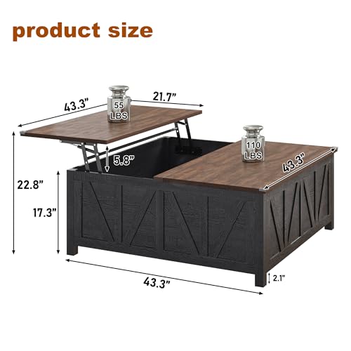 chartustriable 43.3“ Lift Top Coffee Table with Storage, Farmhouse Coffee Table with Large Hidden Storage Compartment and Shelves，Square Center Tables for Living Room, Tea Table Black - color: Black