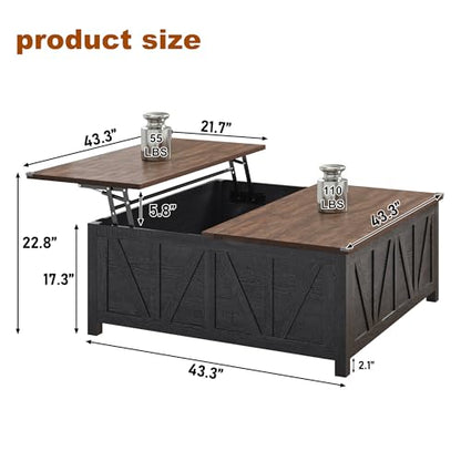 chartustriable 43.3“ Lift Top Coffee Table with Storage, Farmhouse Coffee Table with Large Hidden Storage Compartment and Shelves，Square Center Tables for Living Room, Tea Table Black - color: Black
