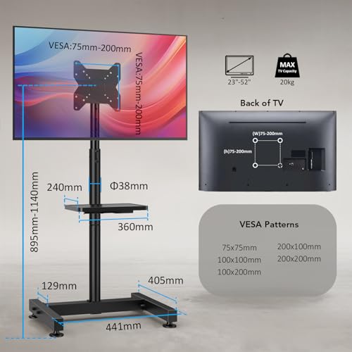 Floor TV Stand with Mount for 13-50 inch Screens, Tilting and Height Adjustable Floor Monitor Stand Mount, Portrait to Landscape, Portable TV Stand with Shelf Holds up to 77lbs Max VESA 200x200mm - size: 13"-50" Mobile TV Stand with Shelf