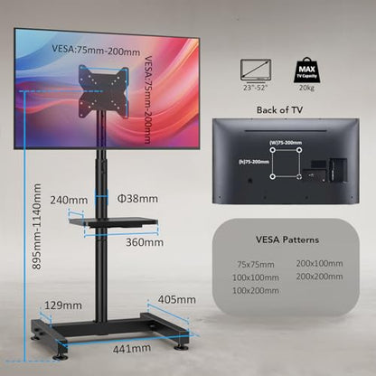 Floor TV Stand with Mount for 13-50 inch Screens, Tilting and Height Adjustable Floor Monitor Stand Mount, Portrait to Landscape, Portable TV Stand with Shelf Holds up to 77lbs Max VESA 200x200mm - size: 13"-50" Mobile TV Stand with Shelf