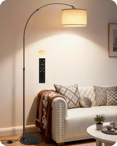 75" Arc Floor Lamp with Marble Base and Adjustable Height, Rotating Hanging Shade, Dimmable Floor Lamp for Living Room with Remote and Foot Switch, 3CCT, Over Couch Arched Light, Beige Brown VE15LD05 - color: Brown + Beige