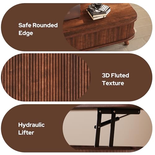 knoworld Fluted Lift Top Coffee Table with Storage, 47" Oval Coffee Table with 3-Partition Hidden Compartment, Mid Century Modern Wood Center Table for Living Room, Work & Dining from Sofa, Walnut