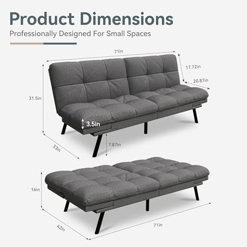 Futon Sofa Bed Convertible Couch, Grey Linen Sofa Bed | Adjustable Backrest & Armrests, Multifunctional Small Loveseat Sleeper Sofa for Living Room, Apartment, Office, Foam Couch - color: A2 | Light Grey