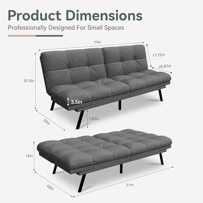 Futon Sofa Bed Convertible Couch, Grey Linen Sofa Bed | Adjustable Backrest & Armrests, Multifunctional Small Loveseat Sleeper Sofa for Living Room, Apartment, Office, Foam Couch - color: A2 | Light Grey