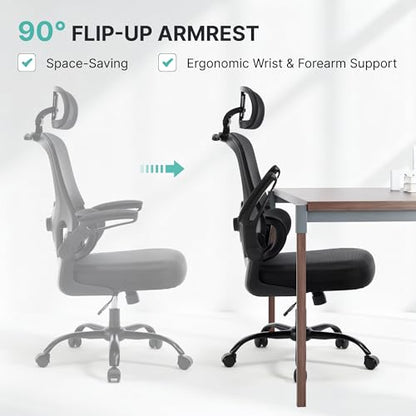 Ergonomic Office Chair 330 lbs, High Back Mesh Computer Chair with Adjustable LumbarSupport, 3D Adjustable Headrest, Flip-Up Armrests for Home Office Desk