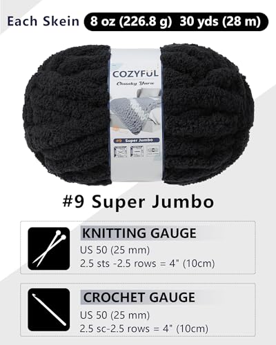 Cozyful Chunky Yarn for Hand Knitting, #9 Thick Jumbo Big Chunky Yarn for Crocheting, Super Chunky Knit Blanket Yarns, Large Chunky Chenille Yarns, 8 Pack (30 yds 8 oz Each Skein), Black - color: Black
