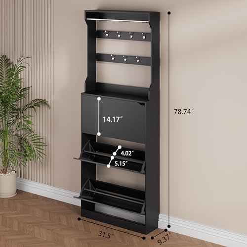 Black Hidden Shoe Cabinet with 3 Flip Drawers & Coat Rack, Entryway | 2-in-1 Hall Tree Combines Shoe Rack Organizer and Coat Storage, Slim Design with Hooks & Adjustable Shelves for Narrow Spaces - color: Black, size: Tall 3 Drawers