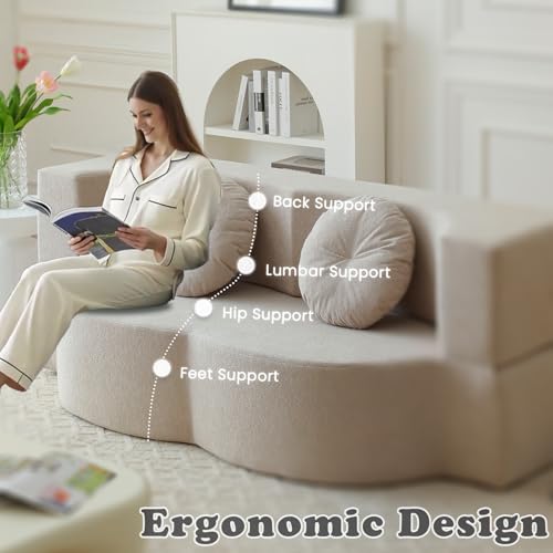 76" Convertible Folding Futon Sofa Bed, Queen Sleeper Sofa with Pillow, Teddy Floor & Futon Loveseat Couch, Foam Folding Mattress Sleeper for Living Room, Guest Use, Apartment, No Assembly (Beige) - color: Beige