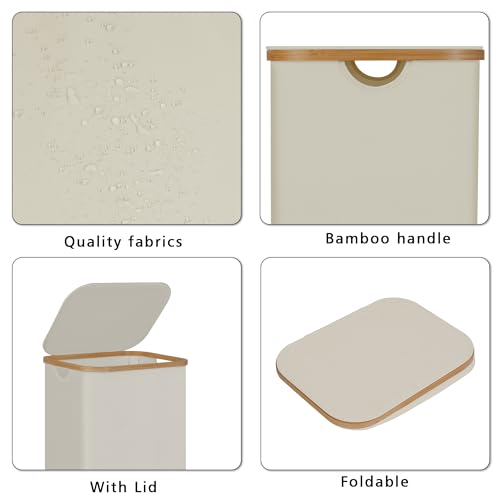 100L Laundry Hamper with Lid, Lagre Basket with Bamboo Handles,Foldable Clothes Hamper Tall Dirty Laundry Basket for Clothes Toys Towels Organizing,Beige - color: Beige, size: 100L with lid