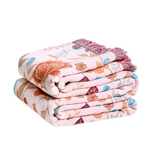 LUTBM Boho Throw Blanket for Couch 50"x60", Cotton Decorative Bed Throw | Reversible Floral Butterfly Jacquard, All-Season Muslin Blanket, Lightweight Throws, For Chair Sofa Bedroom Living Room Decor - color: Butterfly-beige, size: 50"×60"