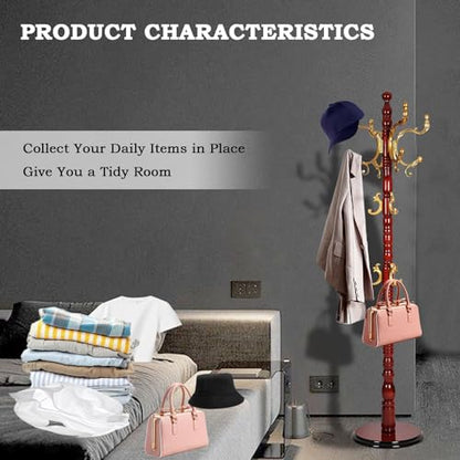 Coat Racks Free Standing with 14 Hooks, Natural Wood Coat Rack with Solid Round Base, Adjustable Height Coat Racks, Easy Assembly for Hallway, Bedroom and Office (Begonia color) - color: Begonia color