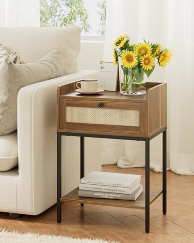 Masupu Rattan Nightstand,3-Tier Modern Bedside Night Stand with Storage Drawer and Shelf,Small End Side Table for Bedroom,Living Room,Walnut Brown (Without Outlet, Brown) - color: Walnut