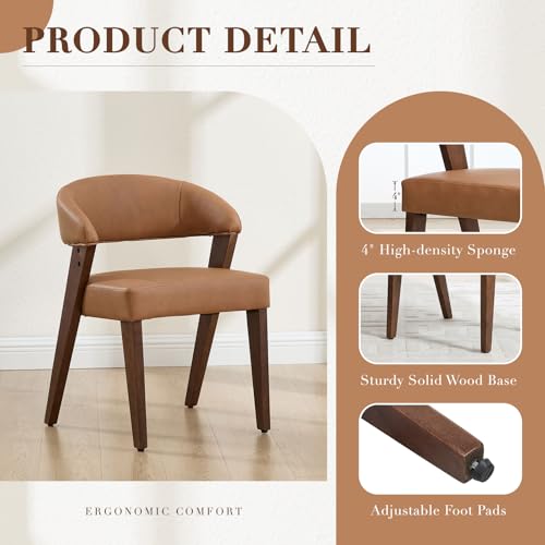 Brown Faux Leather Dining Chairs with Arms Set of 2, Mid Century Modern Kitchen & Dining Room Chairs, Barrel Backs/Walnut Solid Wood Legs, Upholstered Comfortable Accent Chairs for Living Room - color: Brown