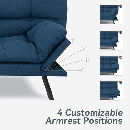 Futon Sofa Bed Convertible Couch, Blue Linen Sofa Bed | Adjustable Backrest & Armrests, Multifunctional Small Loveseat Sleeper Sofa for Living Room, Apartment, Office, Foam Couch - color: A3 | Blue