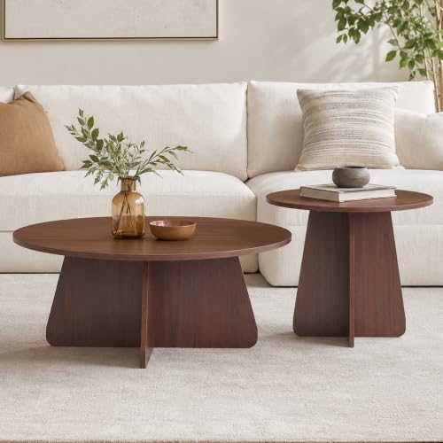 Nesting Coffee Table Set of 2, Round Wooden Coffee & Side Tables with Tapered Base, Walnut Finish, Mid-Century Modern Accent Furniture for Living Room Bedroom, Space-Saving Design - color: Walnut, size: Nesting Coffee Table Set