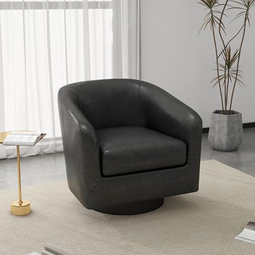 Swivel Accent Chair, PU Leather Upholstered Barrel Club Chair, Black | Modern Round Armchair | Comfy Reading Seat with Removable Cushion | For Living Room, Bedroom, Office - color: Black